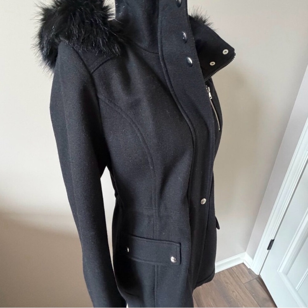 Wool Blend Fur-Trimmed Hooded Coat - Small